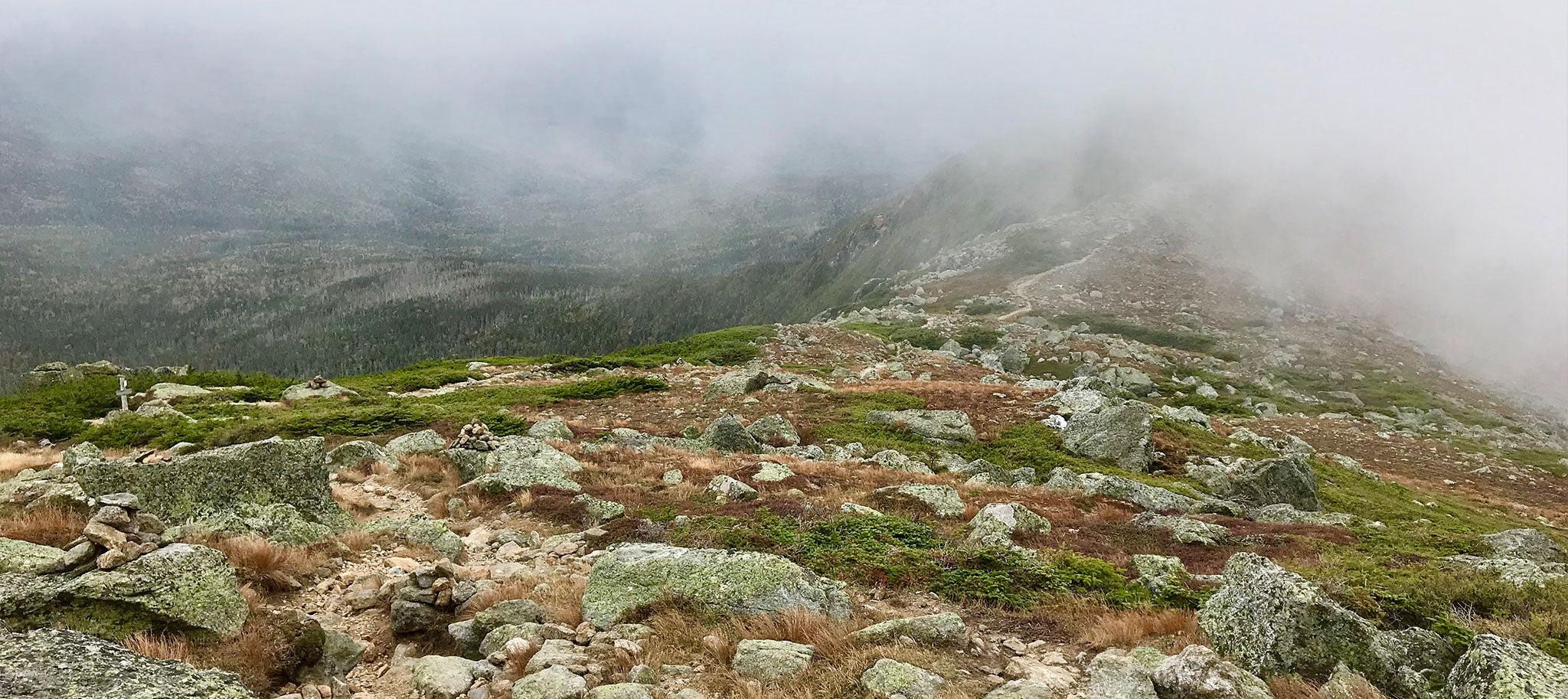 Foggy mountain top hike
