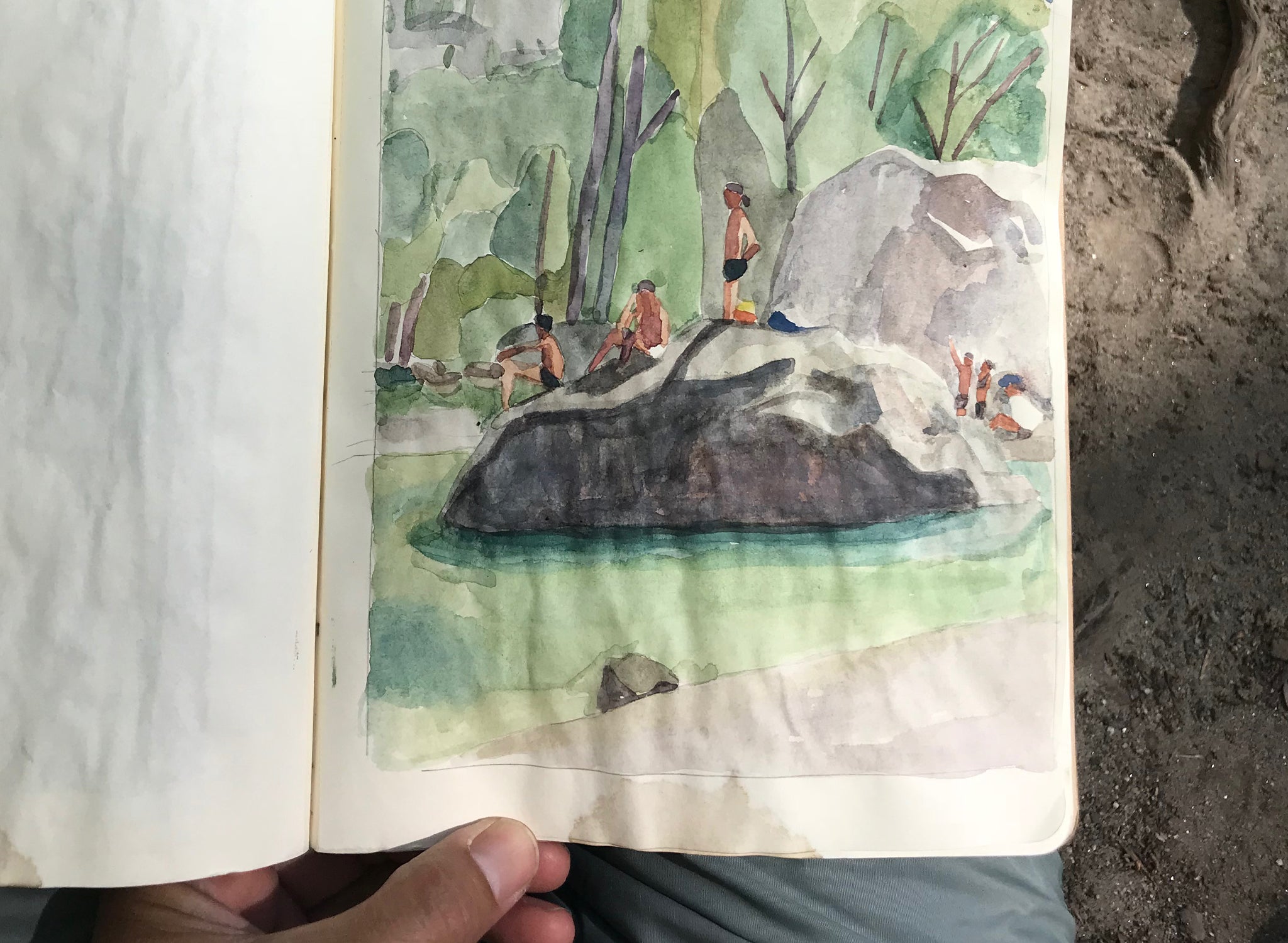 Painting of people jumping off a rock into the water