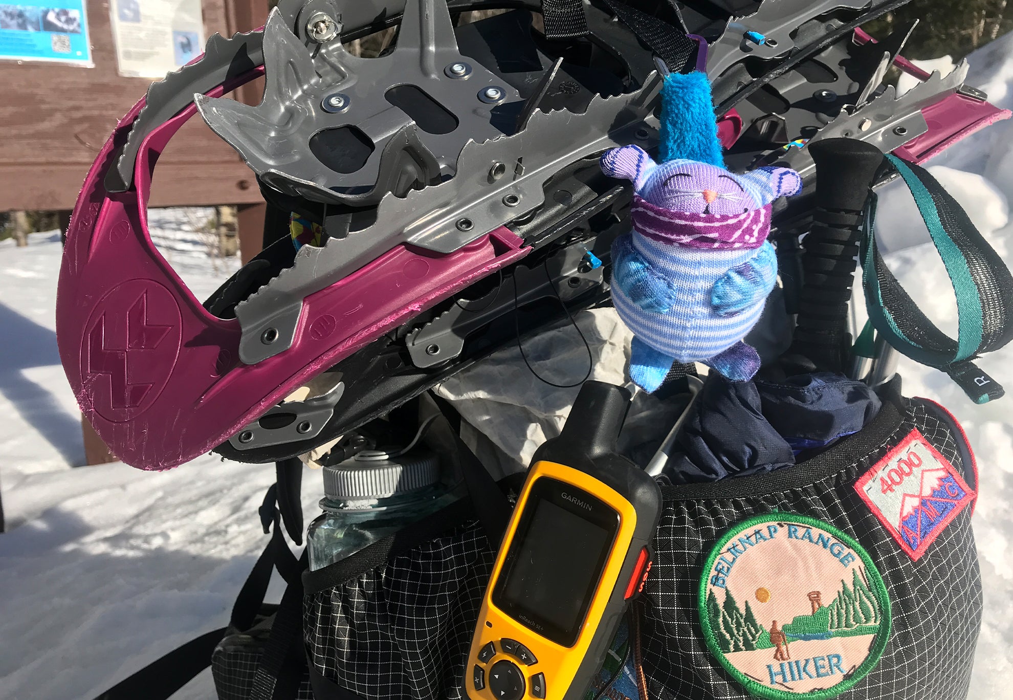 Snowshoes, GPS Beacon, and other gear strapped to a pack