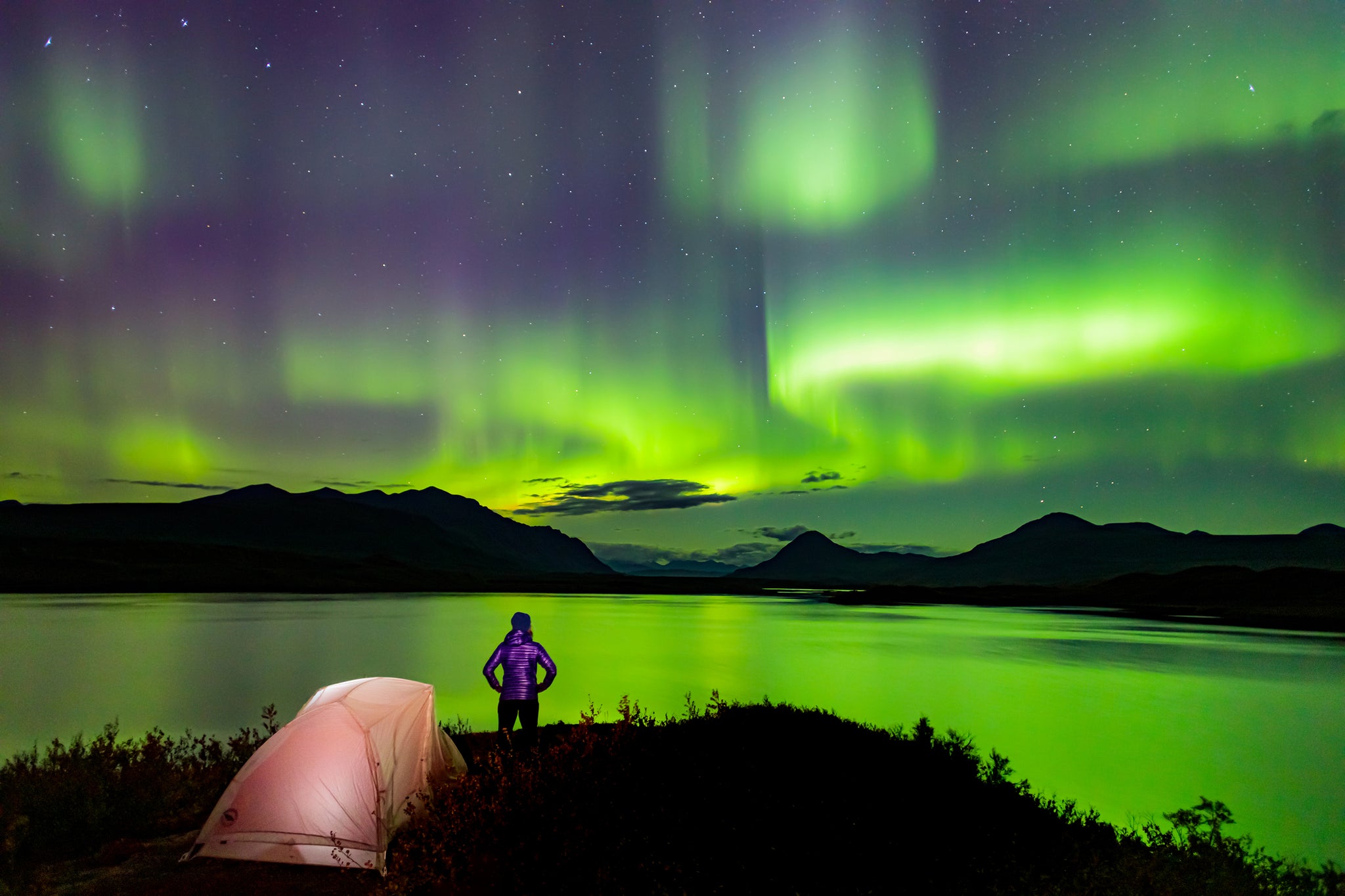 Aurora above Tangle Lakes, Alaska Range.
