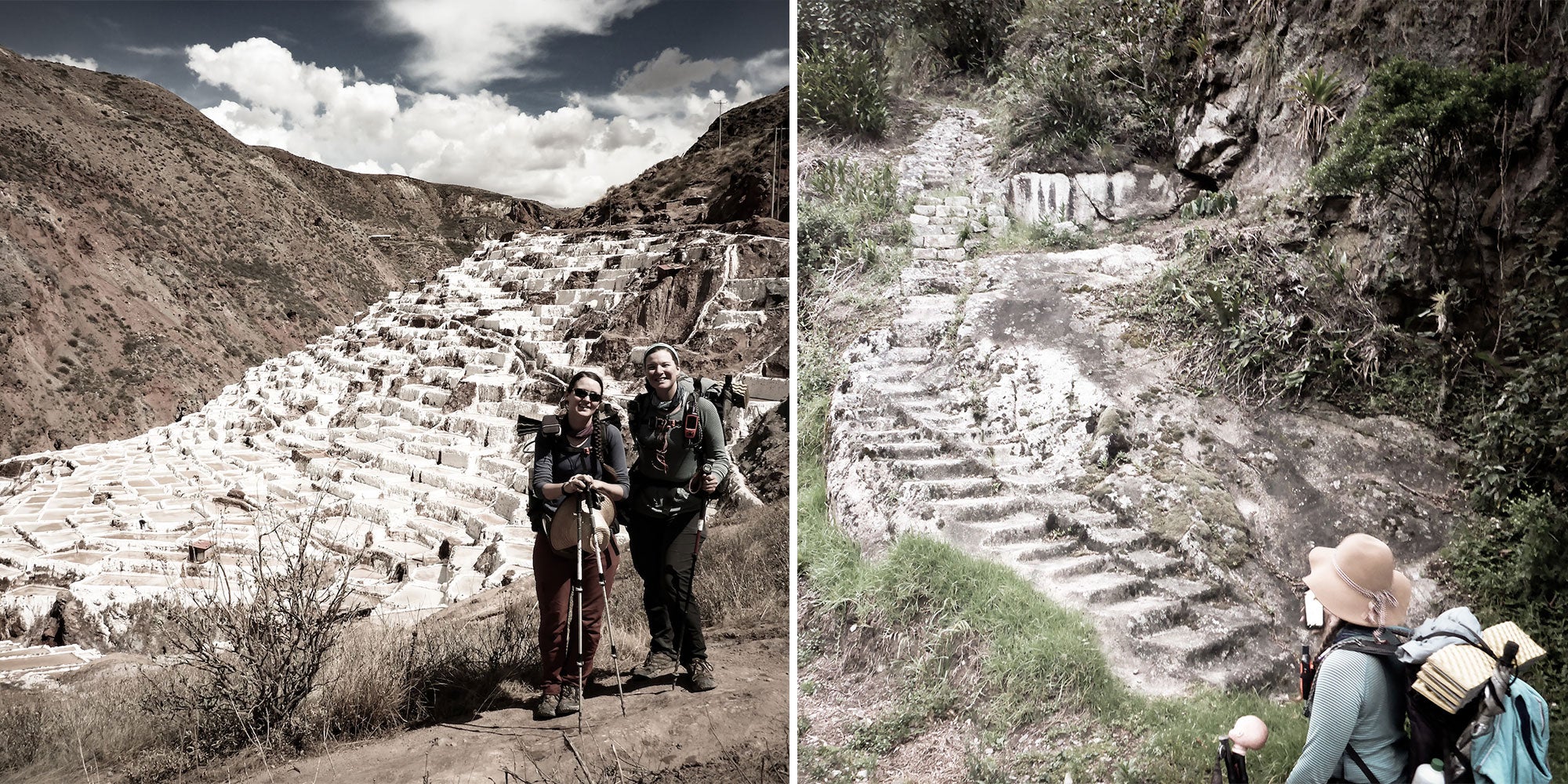 Ultralight backpackers posing in front of ancient ruins