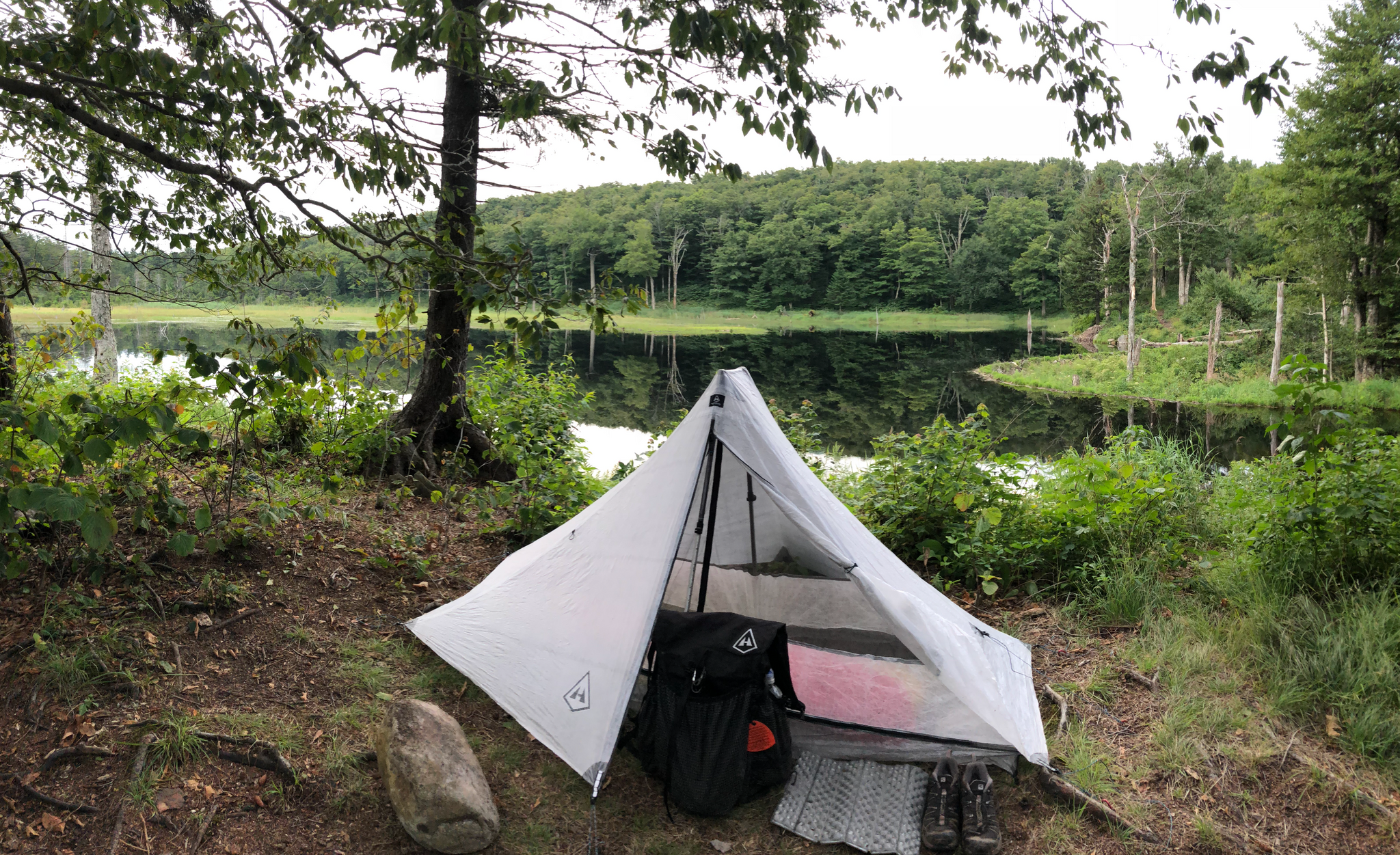 ultralight camp next to a lake