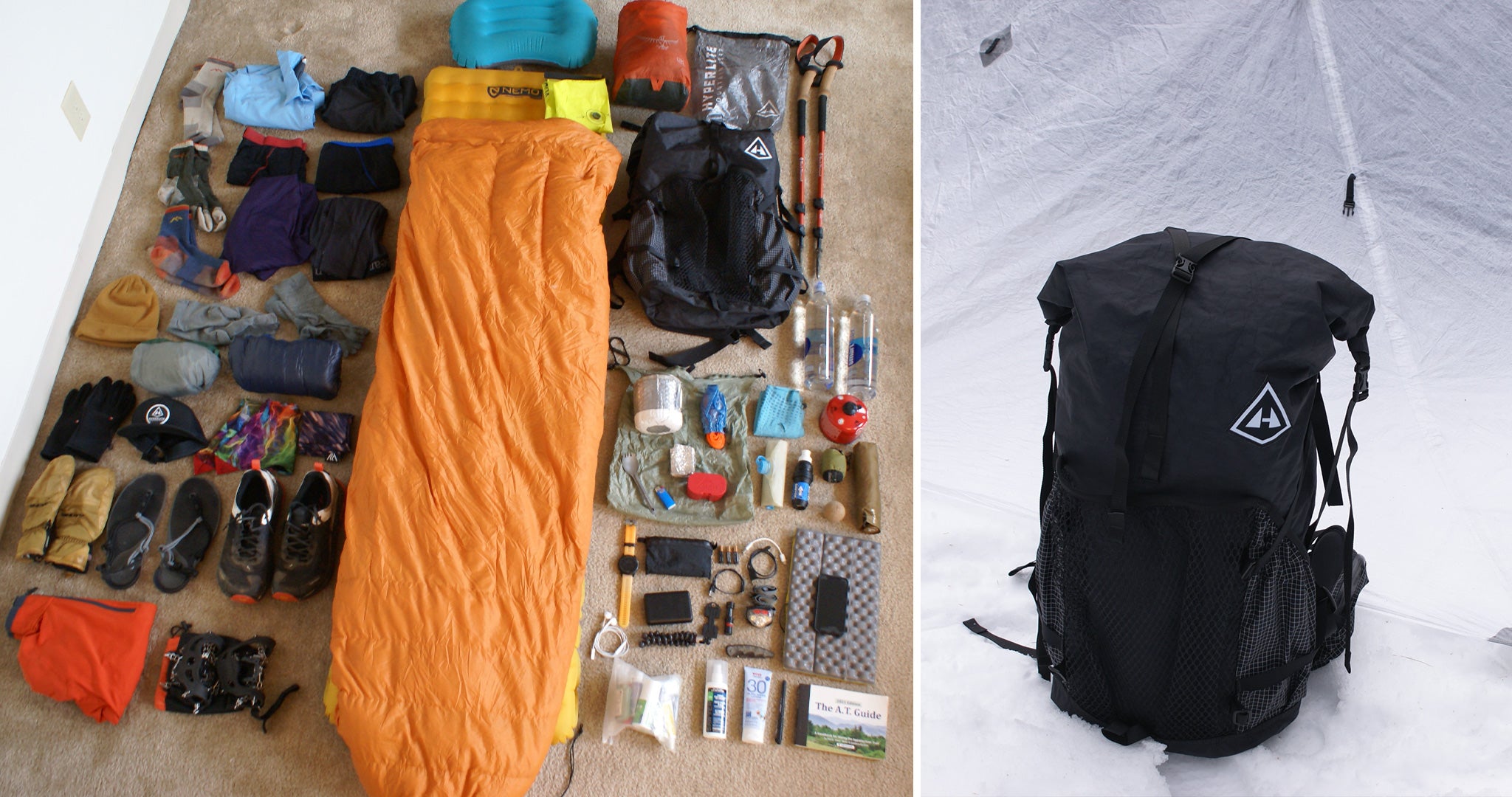 Complete layout of gear for backpacking trip