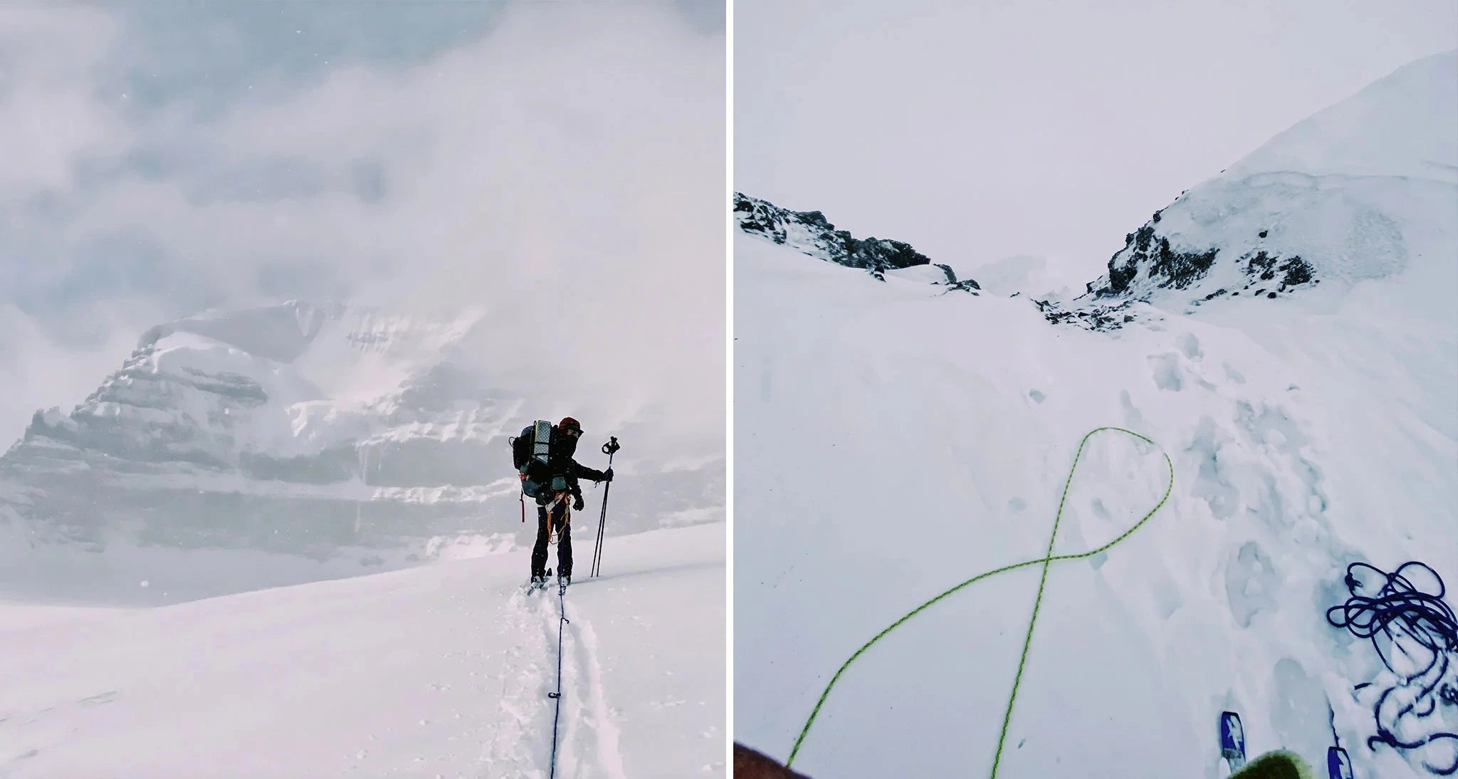 side-by-side images of a climber at snowy altitude