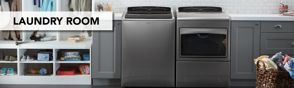 A laundry room with a storage full cupboard. The words Laundry Room are written on the photo