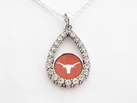Necklace - Texas Longhorns NCAA Teardrop Clear Crystal Silver Necklace