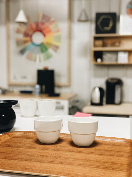 coffee cupping station at aldea's roastery