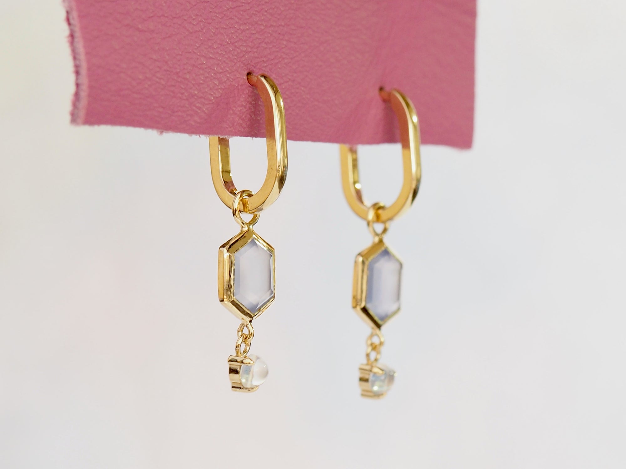 GE305 | Chalcedony Hex & Moonstone Earring Dangles on Small Oval Clickers