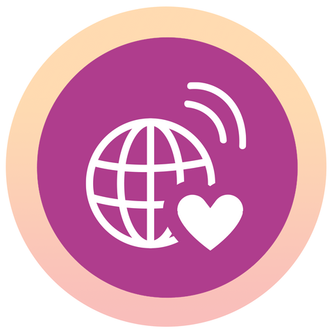 A heart shaped icon with a globe in the center.