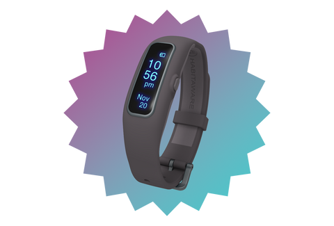 A fitness tracker is shown on a colorful background.