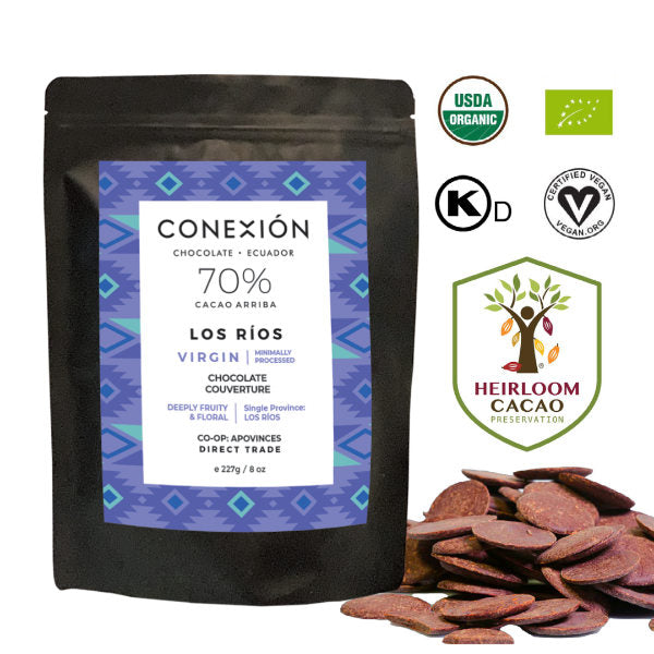 Bag of Conexion Chocolate Los Rios 70% Chocolate Couverture Discs, some actual chocolate discs shown with the quality certification logos