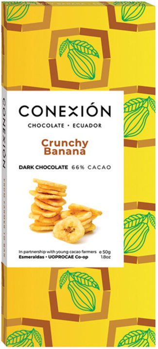 Front of Conexion Chocolate 66% Crunchy Banana dark chocolate bar