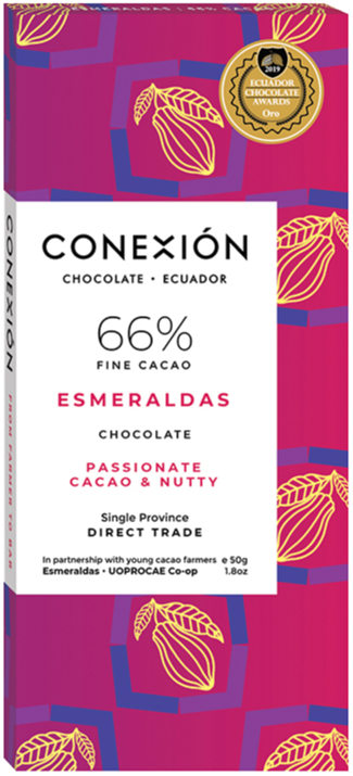Front of Conexion Chocolate 66% Esmeraldas dark chocolate bar
