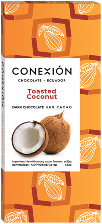 Front of Conexion Chocolate 66% Toasted Coconut dark chocolate bar