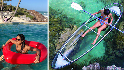 Left: a woman in her red heart float, in water, on the beach. Right: Woman staring at the water beneath her from a clear kayak.