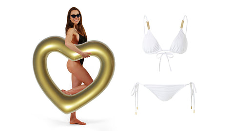 Left: Woman in black swimwear and sunglasses holding a gold heart shaped inflatable swim ring. Right: White two-piece bikini with ties.