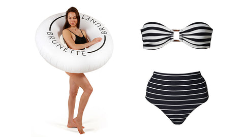 Left: Woman in black swimwear holding a white swim ring with the word Brunette on it. Right: two piece bathing suit with black and white horizontal stripes