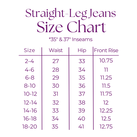 Straight Leg Jeans Size Chart 35" and 37" inseams Tall