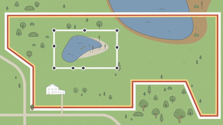 Illustration showing a home, virtual fence, and a keep out zone within the fence surrounding the pond.