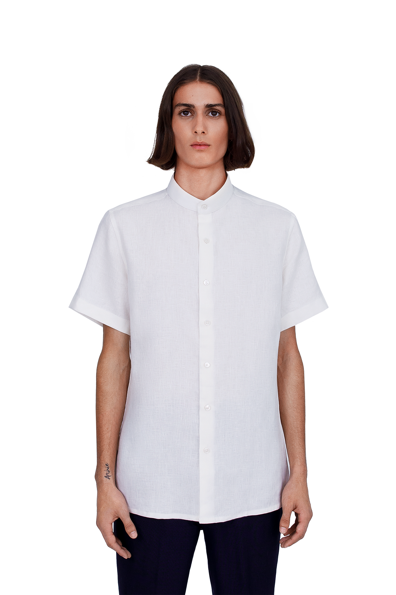 Solid White Cotton Linen Mandarin Collar Welt Pocket Slim/Tailored  Long-sleeve shirt- TF11GP1.28