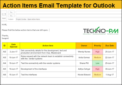 outlook action items, Action Items Email Template for Outlook, action item list template