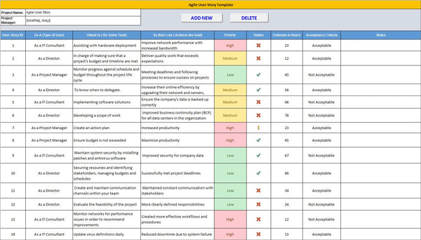 Agile User Story Template, MS Excel