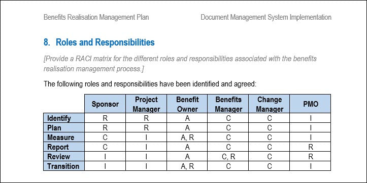 Roles and Responsibilties Benefits Realization Management Plan, Benefits realization management