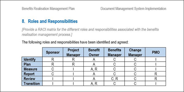 Benefits Realisation Plan Roles and Responsibilities