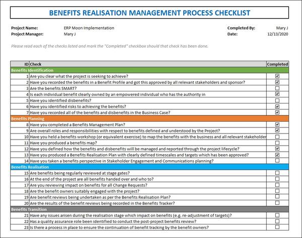Project Benefit Realization Process, Project Benefit Realization  Process Checklist Template,