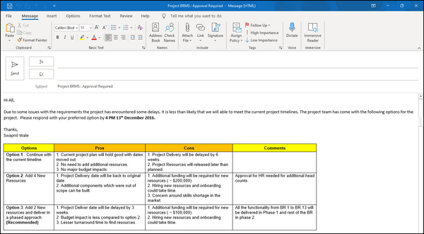 email template in outlook, Outlook Email Template for Project Managers, Email Template for Seeking a Decision, Outlook email template