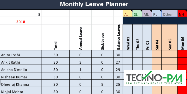Monthly Leave Planner, Leave Planner, Team Leave Plan Calendar Template