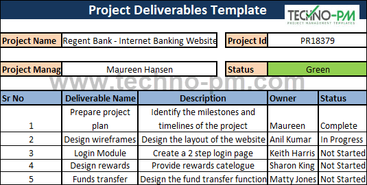 Project Deliverable Excel Template, project management deliverables example, Project Deliverables Template, Project Deliverables