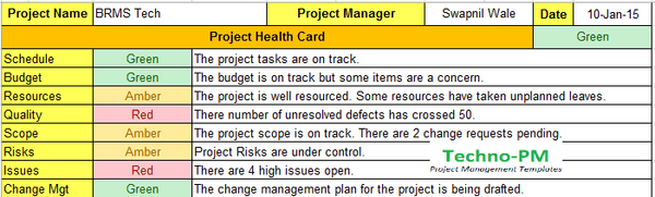 Project Health Card, Weekly Status Report Format Excel