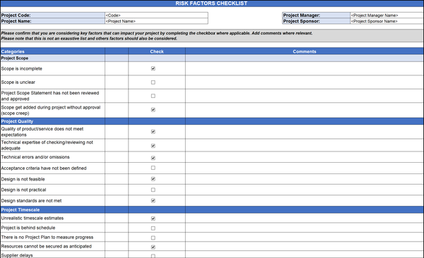 Risk Factor Checklist, Risk Factor Checklist template, MS Excel