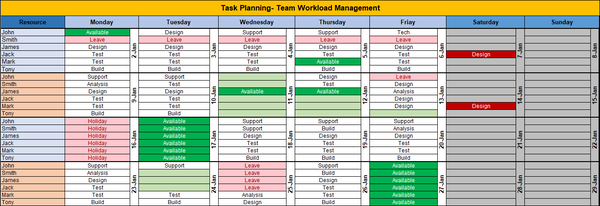 Team Task Planning Excel,Task planning, workload management, team calendar template