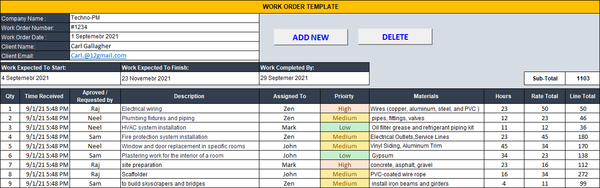 Work Order, MS Excel, Work Order Excel Template