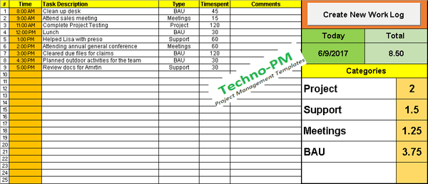 daily schedule template excel, work log template, Daily Log