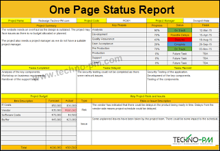 One Page Excel Status Report Template