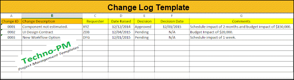 Project Change Log Template Techno Pm Project Management Templates