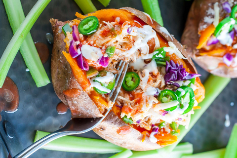 Buffalo Chicken Stuffed Sweet Potatoes