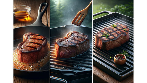 photo collage showing steak being cooked three different ways - cast iron, grill, and griddle