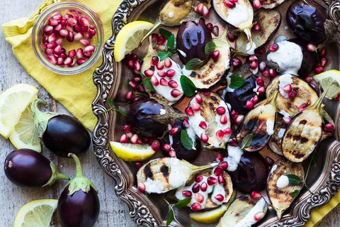 Grilled Baby Eggplant with Minted Yogurt and Pomegranate