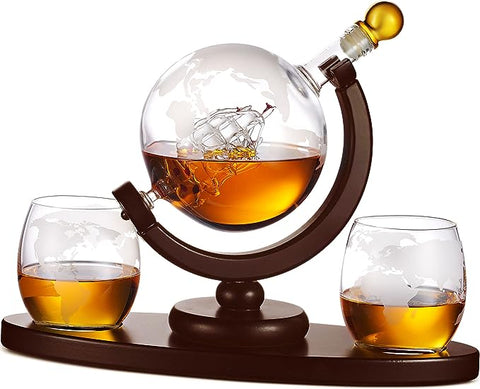 Whiskey Decanter Globe Set with 2 Etched Whiskey Glasses