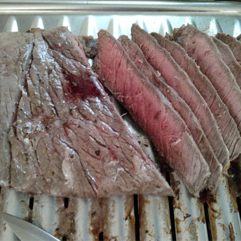 london broil fresh out of the oven and sliced to show baked london broil before reverse sear