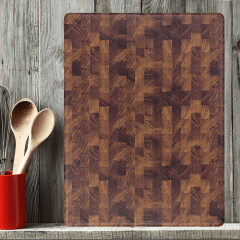 virginia boys kitchens medium end grain walnut wood board displayed on a counter top