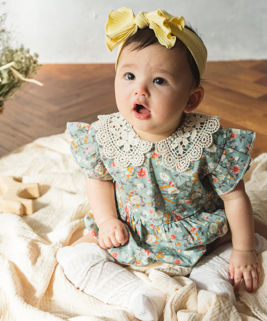 花柄フリルロンパース ヘアバンド リボン 夏服 赤ちゃん ベビー 子供服