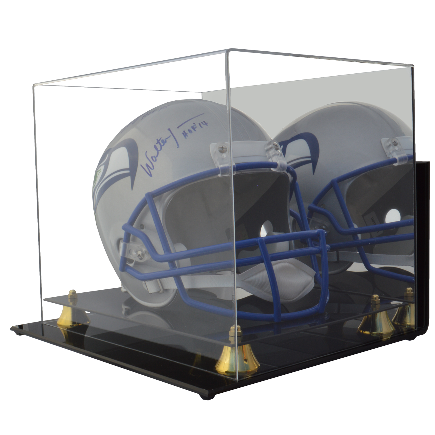 Football Helmet Display Case with two tier gold riser base NFL NCAA 85% UV  filtering