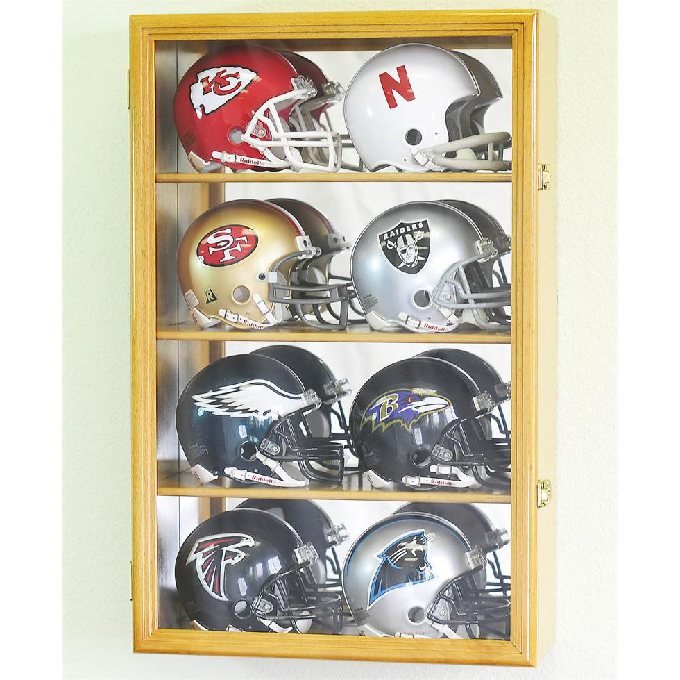 Mini Football Helmet Wood Cabinet Display Case Holds 8 Ships Free Memorabilia Displays