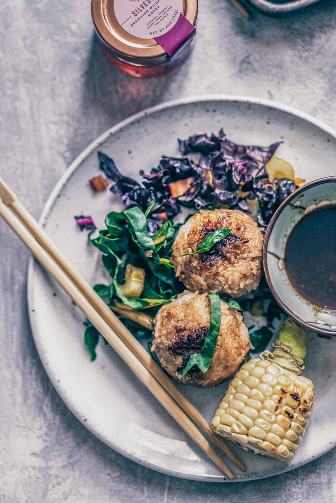 Japanese rice balls with miso honey glaze and veggies