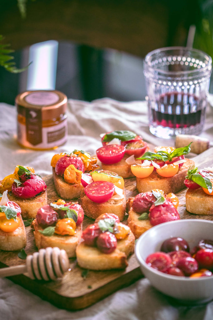 Heirloom Cherry Tomato Bruschettas with Organic Honey & Herbs